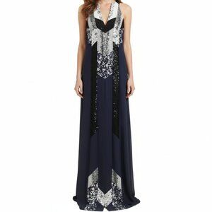 𝅺BCBGMAXAZRIA RUNWAY ZUZANA NAVY LACE FLORAL PATCHWORK SLEEVELESS BOHO DRESS